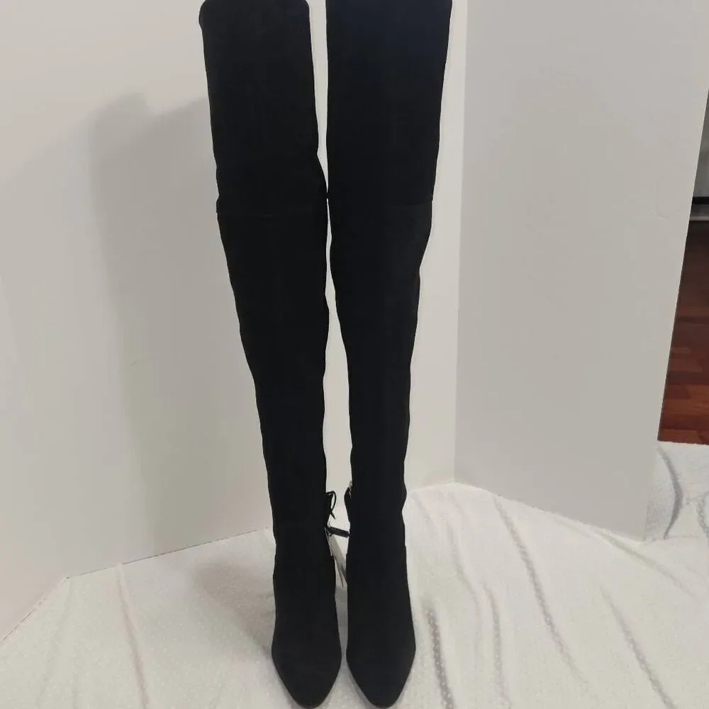 Zara Black Suede Over the Knee Boots Block Heel Women's Size 7.5 US / 38 EU
